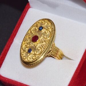 GORGEOUS NATURAL RUBY SAPPHIRE 18K 750 SOLID GOLD ETRUSCAN CANNETILLE GREEK RING